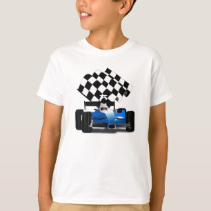 Blue Race Car with Chequered Flag T-Shirt