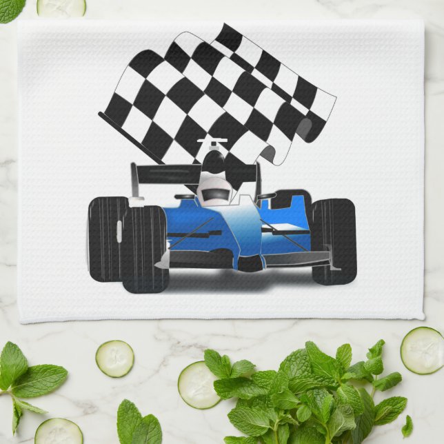 Blue Race Car with Chequered Flag Tea Towel (Folded)