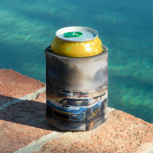 Blue Race car with the Sun Rising Can Cooler