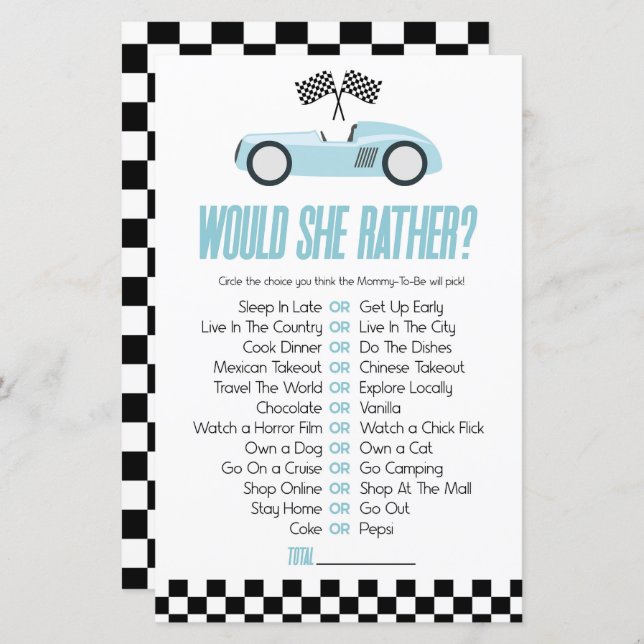 Blue Race Car Would She Rather Baby Shower Game (Front/Back)