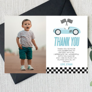 Blue Racecar Race Car Custom Photo Birthday Party Thank You Card