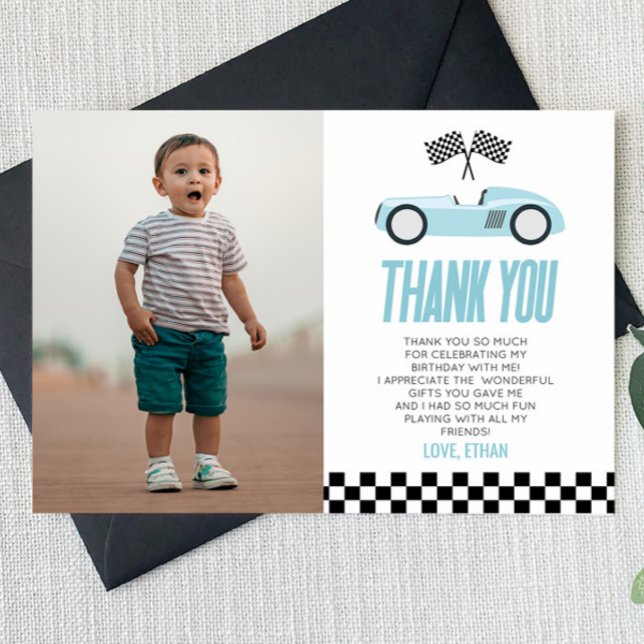 Blue Racecar Race Car Custom Photo Birthday Party Thank You Card (Creator Uploaded)