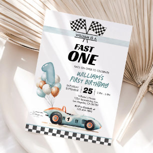 Blue Racing Car 1st Birthday Fast One Invitation
