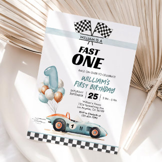 Blue Racing Car 1st Birthday Fast One Invitation
