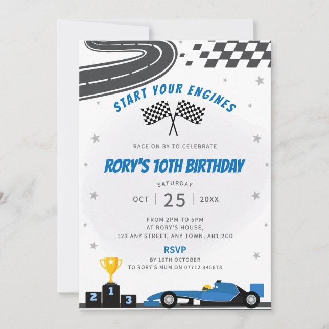 Blue Racing Car Birthday Party Invitation (Front)