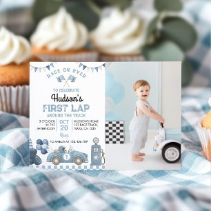 Blue Racing Car Boy Birthday Party Photo Invitation