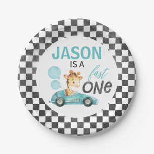 Blue Racing Car Giraffe 1st Birthday Paper Plate