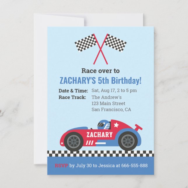 Blue Racing Car Kids Birthday Party Invitation (Front)
