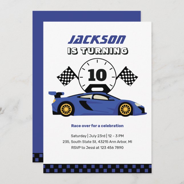 Blue Racing Car Race Kids Boys Birthday Invitation (Front/Back)