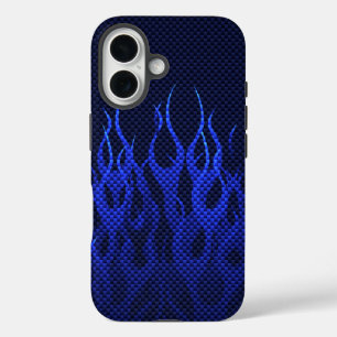 Blue Racing Flames on Carbon Fibre Print iPhone 16 Case