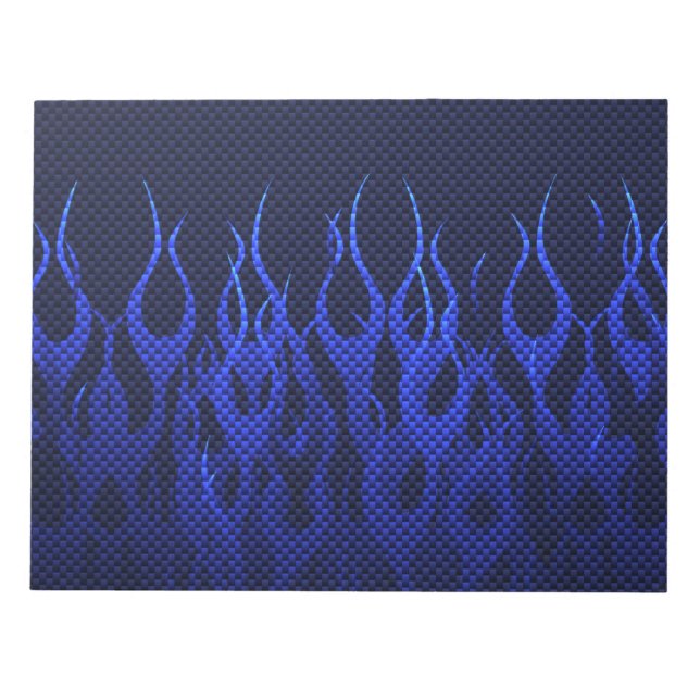 Blue Racing Flames on Carbon Fibre Print Notepad (Front)