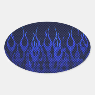 Blue Racing Flames on Carbon Fibre Print Oval Sticker