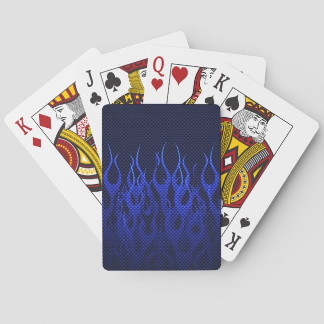 Blue Racing Flames on Carbon Fibre Print Playing Cards (Back)