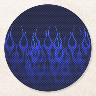 Blue Racing Flames on Carbon Fibre Print Round Paper Coaster