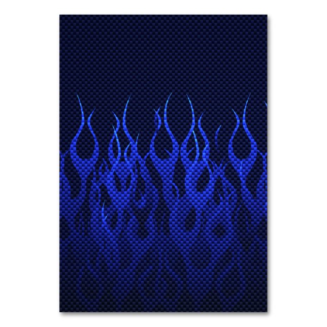 Blue Racing Flames on Carbon Fibre Print Table Number (Front)
