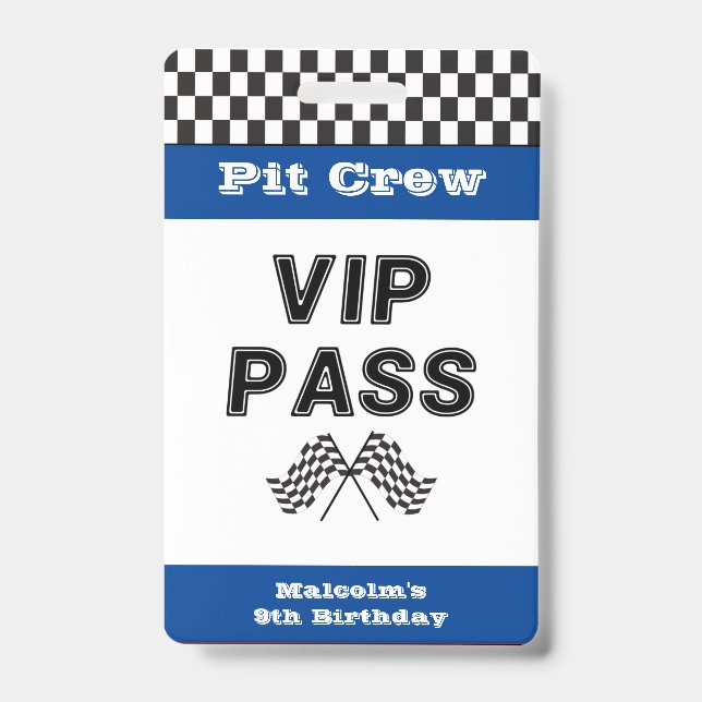 Blue Racing Party Pit Crew VIP Pass Pit Stop ID Badge (Front)