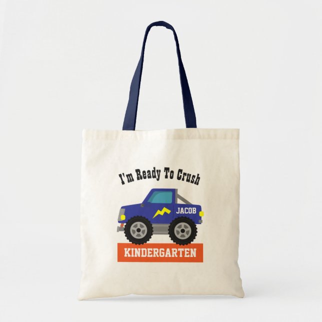 Blue Racing Truck Crush Kindergarten Boys Tote Bag (Front)