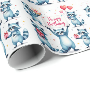 Blue Racoon Birthday Celebration Scene - Birthday Wrapping Paper
