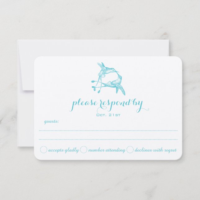 Blue Radiance Hummingbird Kiss Wedding RSVP Card (Front)