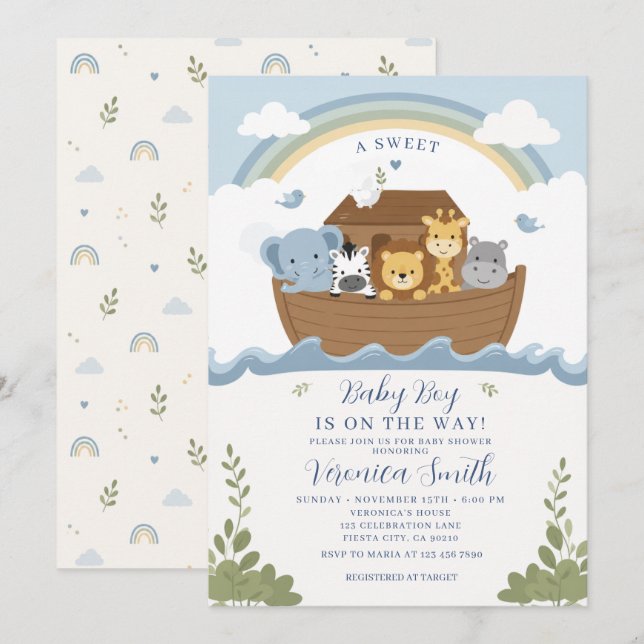 Blue Rainbow Animals Baby Boy Shower Invitation (Front/Back)