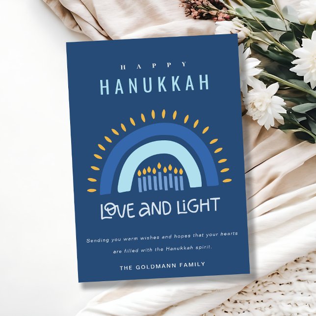 Blue Rainbow Candles Love & Light Happy Hanukkah Holiday Card (Creator Uploaded)