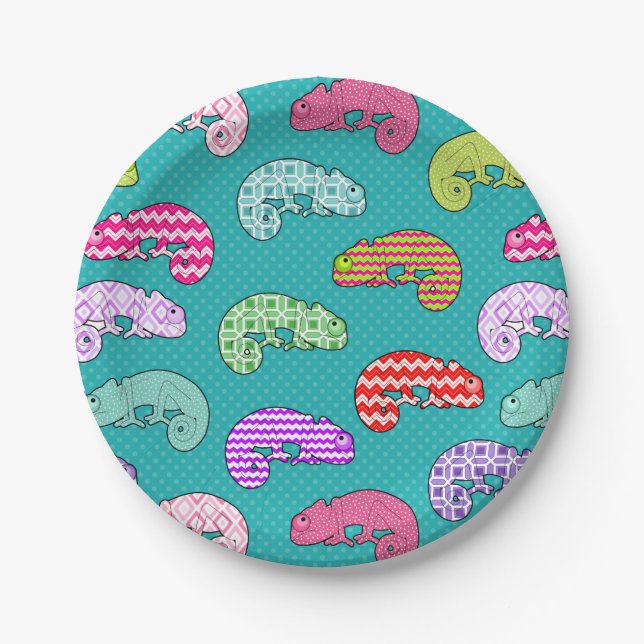 Blue Rainbow Chameleon Pattern Paper Plate (Front)