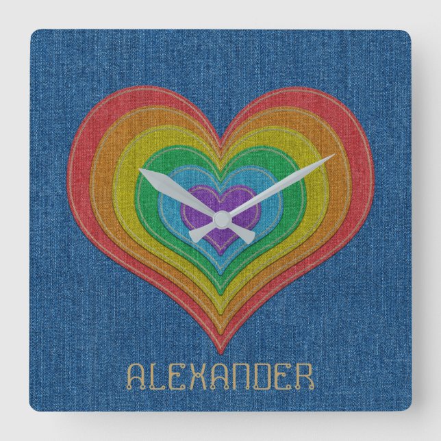 Blue Rainbow Denim Jeans 6 Hearts Customized Name Square Wall Clock (Front)