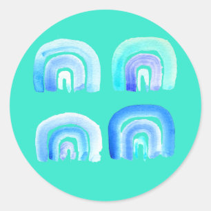 Blue rainbow retro turquoise classic round sticker