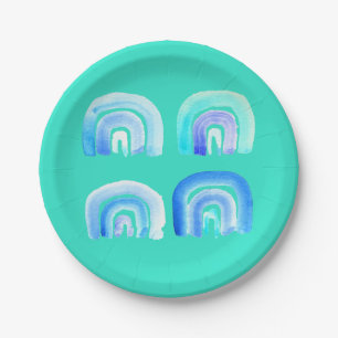 Blue rainbow retro turquoise paper plate