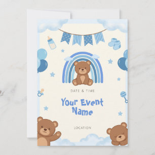 Blue Rainbow Teddy Bear Bunting Invitation