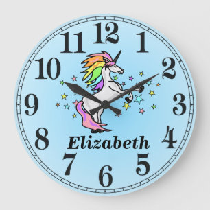 Blue Rainbow Unicorn and Name Large Clock