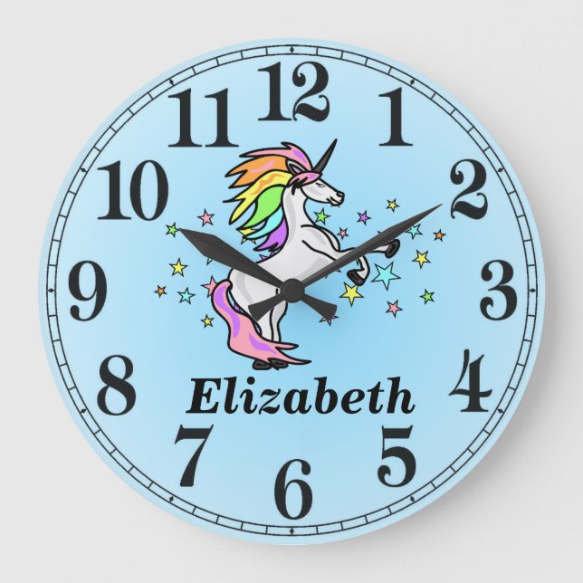 Blue Rainbow Unicorn and Name Large Clock (Front)