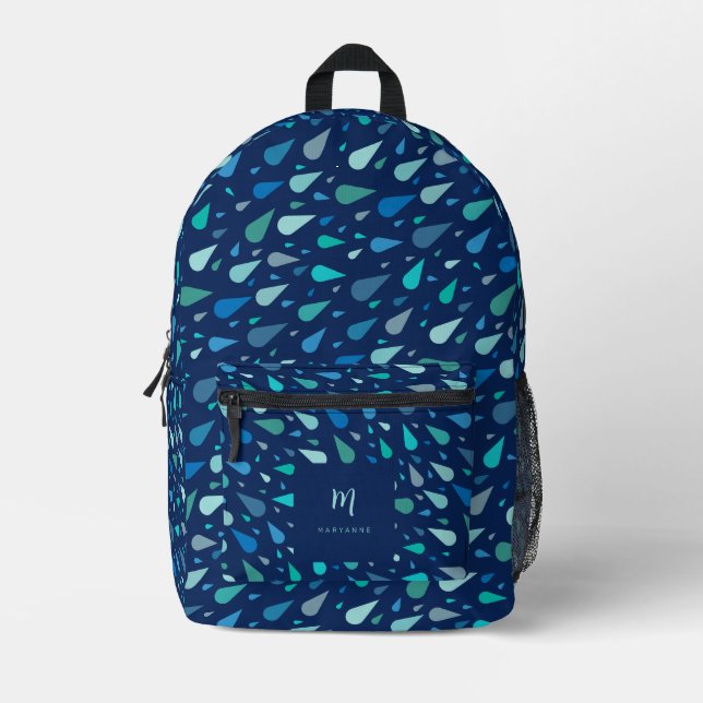 Blue raindrops custom monogram and name printed backpack (Front)
