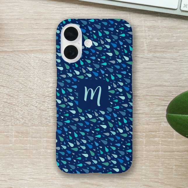 Blue raindrops custom monogram Case-Mate iPhone case (Modern blue raindrops custom monogram iphone case)