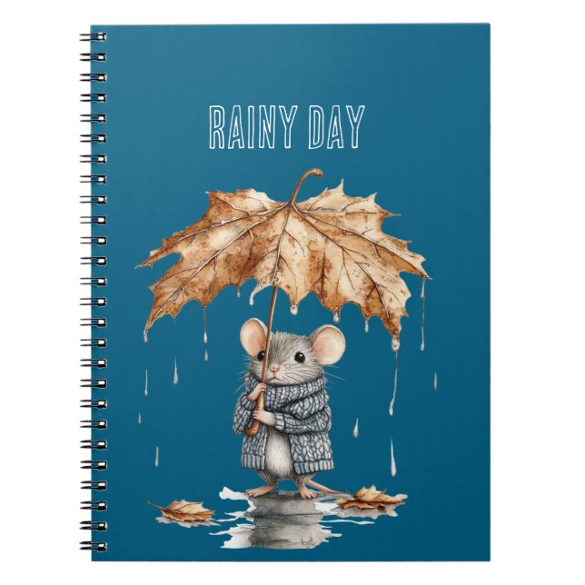 Blue Rainy Day Mouse Leaf Umbrella Notebook (Front)