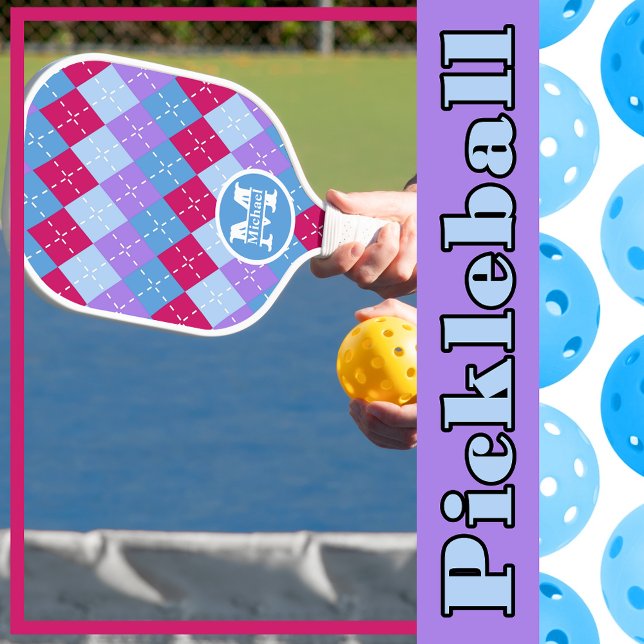 Blue Raspberry Lavender Magenta Argyle Personalise Pickleball Paddle (Creator Uploaded)