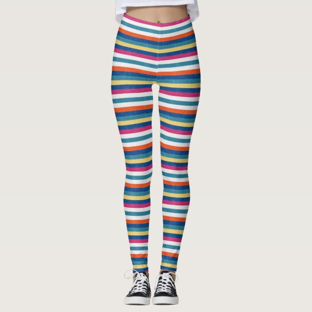 Blue Raspberry Orange Yellow White Stripes Pattern Leggings (Front)