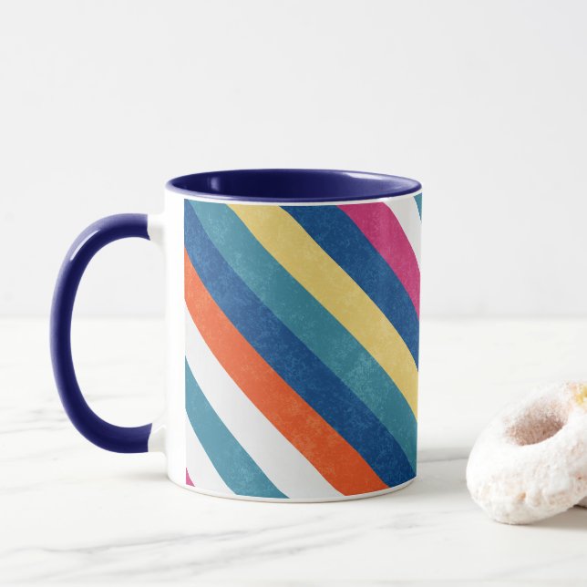 Blue Raspberry Orange Yellow White Stripes Pattern Mug (With Donut)
