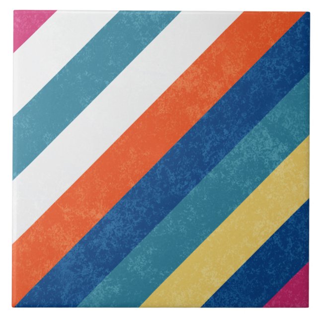 Blue Raspberry Orange Yellow White Stripes Pattern Tile (Front)