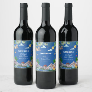 Blue Rawr Volcano Mountain Dinosaur Baby Shower Wine Label