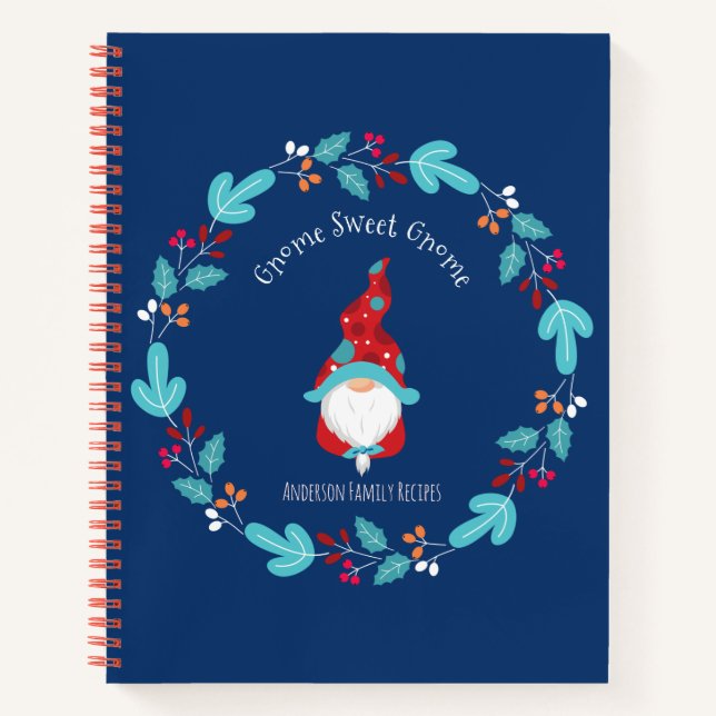 Blue Recipe Cookbook Holiday Gnome Floral Wreath Notebook (Front)