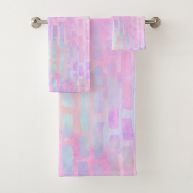 Blue Rectangle Shapes on Pink Background  Bath Towel Set (Insitu)