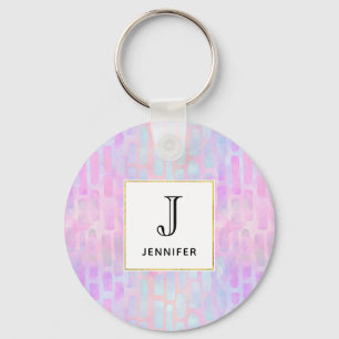 Blue Rectangle Shapes on Pink Background Key Ring
