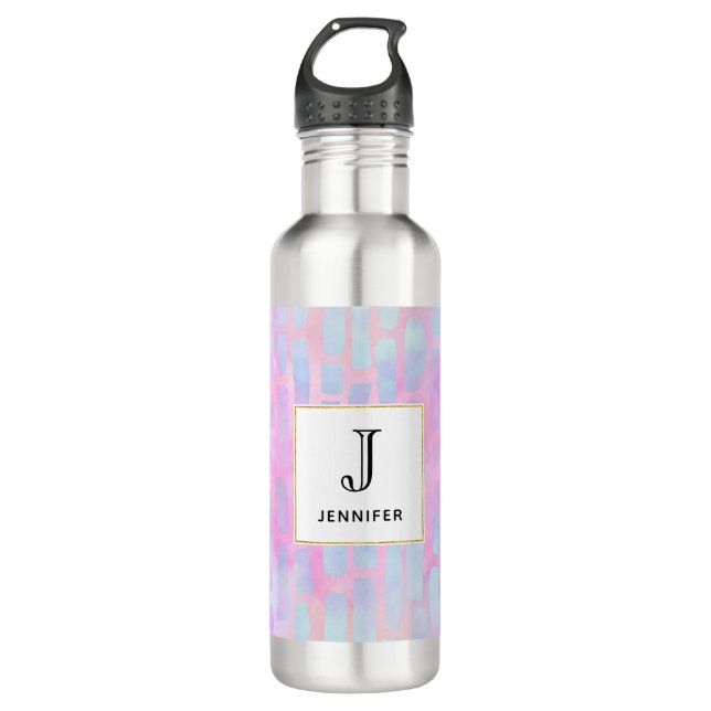 Blue Rectangle Shapes on Pink Background Monogram 710 Ml Water Bottle (Front)