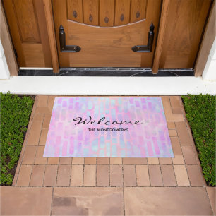 Blue Rectangle Shapes on Pink Background  Welcome Doormat