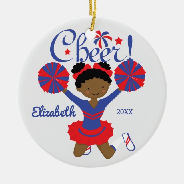 Blue & Red African American Cheerleader Ornament (Front)