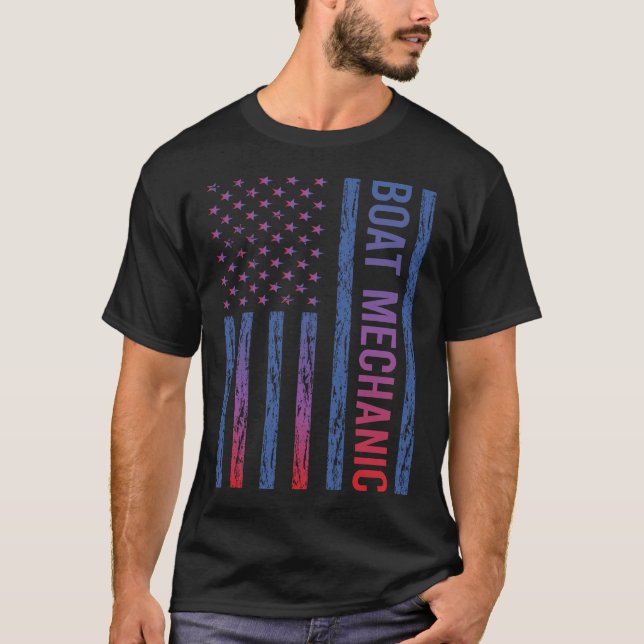 Blue Red American Flag Boat Mechanic T-Shirt (Front)
