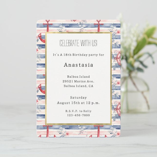 Blue Red Anchors Floral Stripes Beach Birthday Invitation (Standing Front)