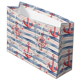 Blue Red Anchors Floral Stripes Beach Birthday Large Gift Bag