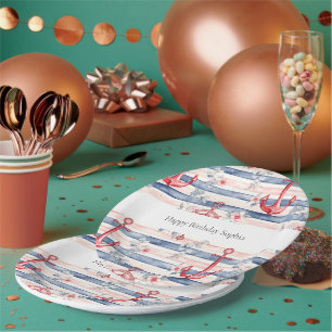 Blue Red Anchors Floral Stripes Beach Birthday Paper Plate